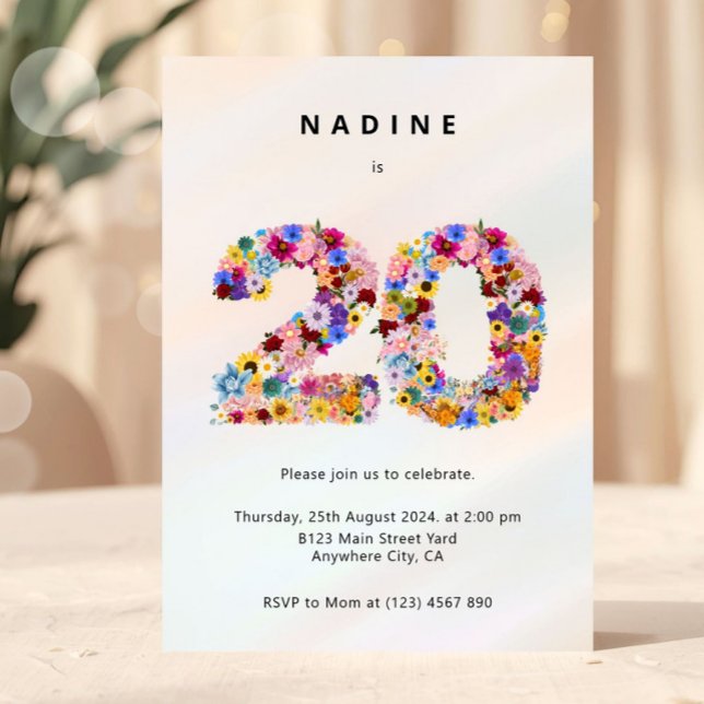 Invitation Elegant Feminine Chic Floral 20th Birthday (floral birthday invitation, 20th birthday invite, flower number invitation, feminine birthday invite)