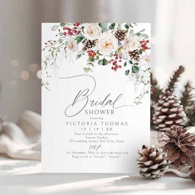 Invitation Elegant Festive Floral Holiday bridal shower (Elegant Festive Floral Holiday bridal shower Invitation)