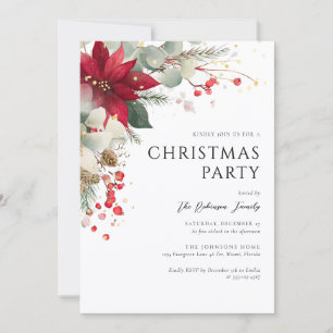 Invitation Élégant Fête de Noël Floral Rouge