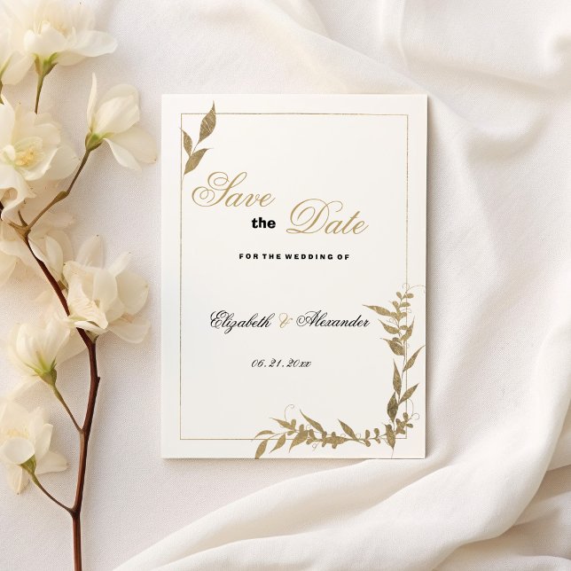 Invitation Élégant feuillage blanc et or Enregistrer la date (Elegant white and gold foliage Save the Date)