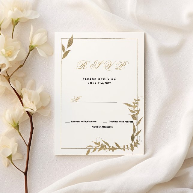 Invitation Élégant feuillage blanc et or RSVP (Elegant white and gold foliage RSVP )