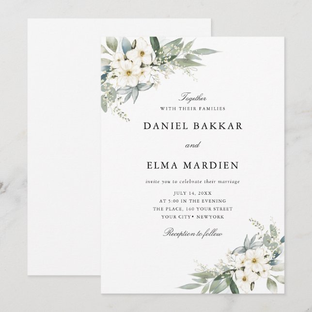 Invitation Élégant Feuillage Bohème Aquarelle Floral Mariage  (Devant / Derrière)