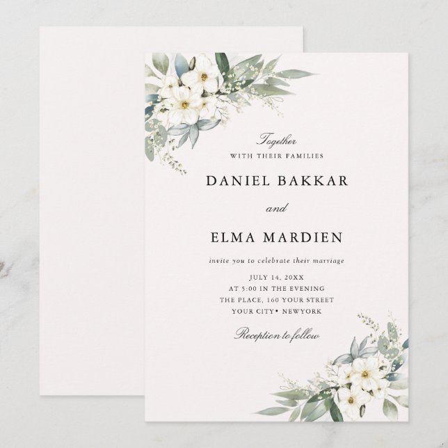 Invitation Élégant Feuillage Bohème Fleurs Aquarelle Mariage  (Devant / Derrière)