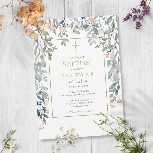 Invitation Élégant feuillage floral doré baptême (Créateur téléchargé)