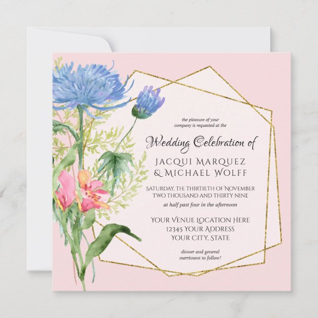 Invitation Élégant feuillage floral Dusty Mariage rose bleu (Devant)