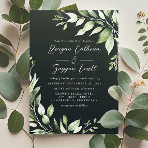 Invitation Élégant Feuillage Vert Foncé de Mariage Script