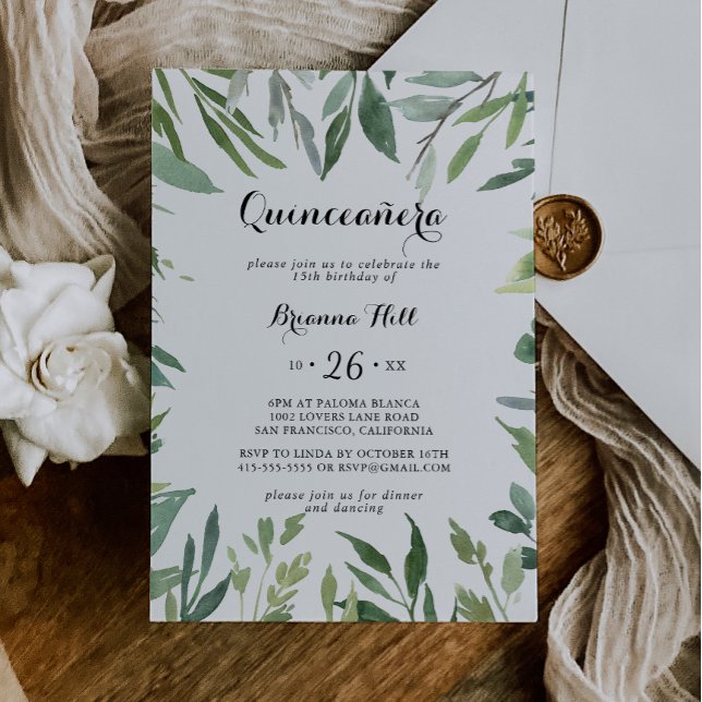 Invitation Élégant feuillage vert tropical Quinceañera (Créateur téléchargé)