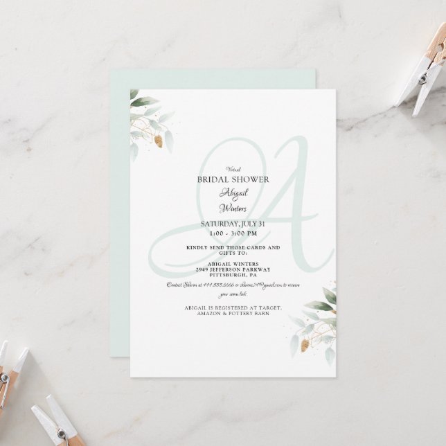 Invitation Élégant feuillage virtuel et douche de mariée en v (Devant/Arrière en situation)