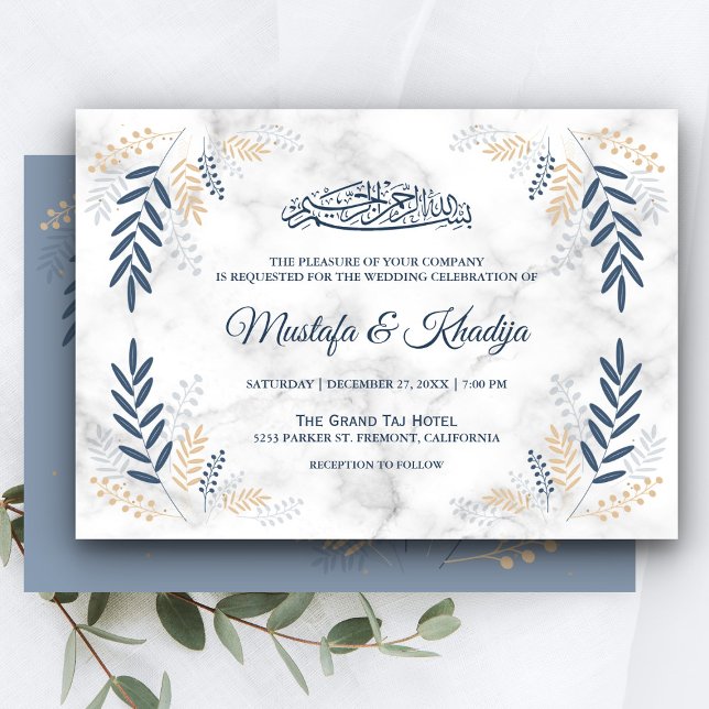 Invitation Elégant Feuille bleu marbre musulman Mariage musul (Créateur téléchargé)