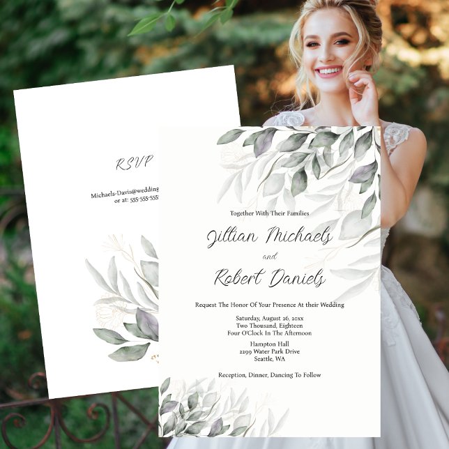 Invitation Elégant Feuille d'aquarelle Mariage avec RSVP (Elegant Watercolor Leaves Wedding with RSVP Invitation)