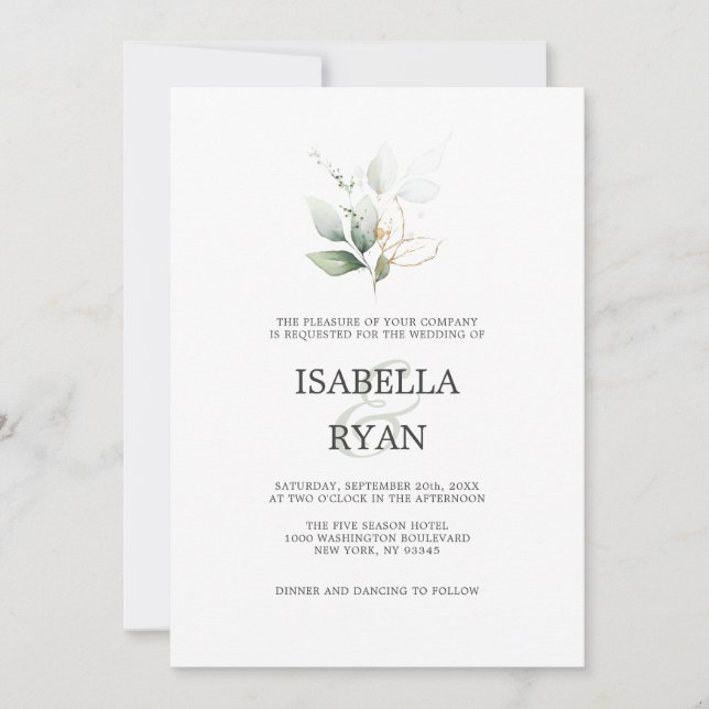 Invitation ELEGANT Feuille Foliage Or Aquarelle MARIAGE Inv (Devant)