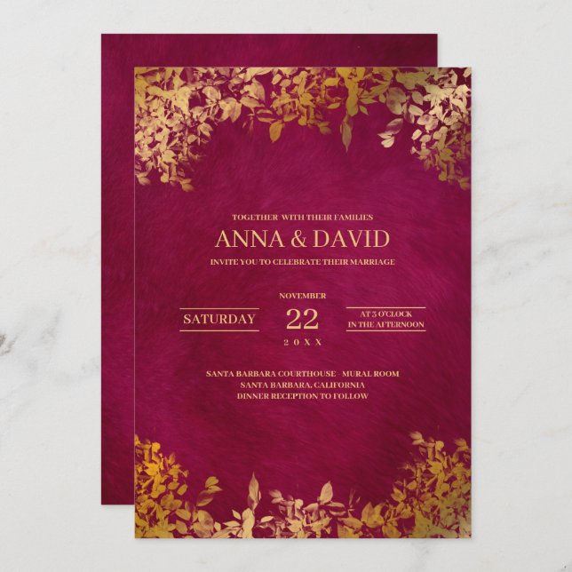 Invitation Élégant Feuille or Bourgogne Mariage (Devant / Derrière)