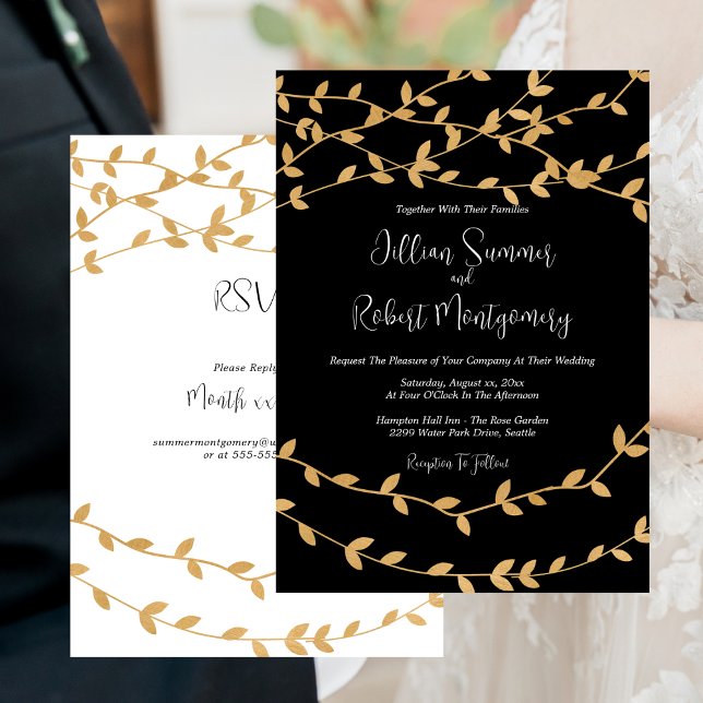 Invitation Élégant Feuille or noir et blanc Mariage (Elegant Gold Leaves Black and White Wedding Invitation)