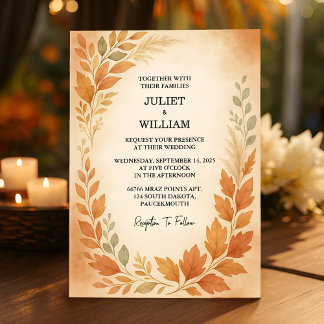 Invitation Élégant Feuille & Pampas Grass Mariage de automne
