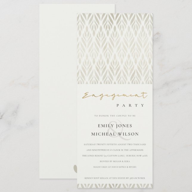 INVITATION ÉLÉGANT FIANÇAILLES ARGENT BLANC ART DÉCO MODERNE (Devant / Derrière)