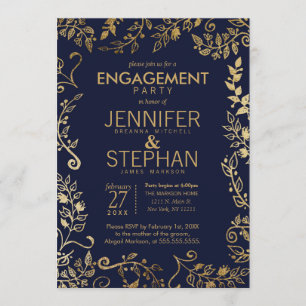 Invitation Elégant Fiançailles floral bleu marine et or