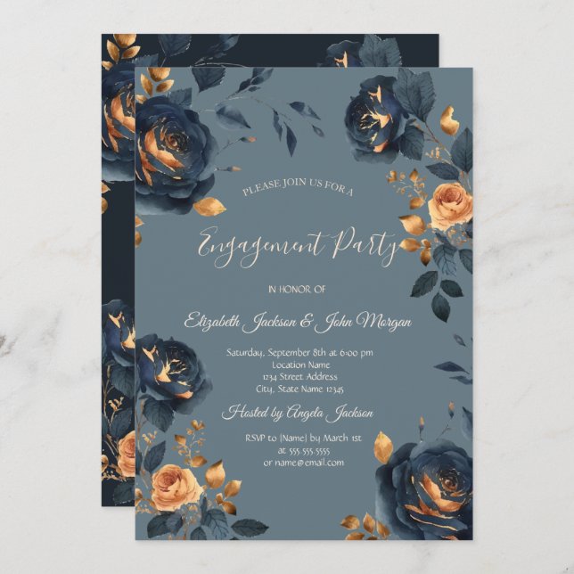 Invitation Elégant Fiançailles Navy Blue Gold Flowers (Devant / Derrière)