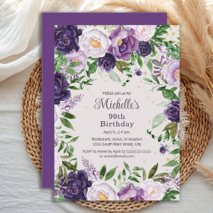 Invitation Élégant Fleur de Lavande Violette 90e Anniversaire