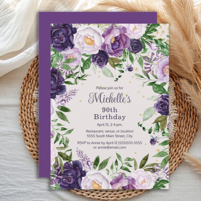 Invitation Élégant Fleur de Lavande Violette 90e Anniversaire (Elegant purple and lavender watercolor floral 90th birthday party invitation)