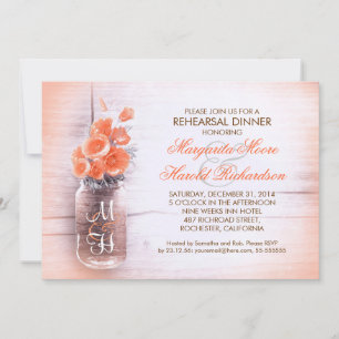 Invitation élégant fleur de pêche mason jar dîner de répétiti