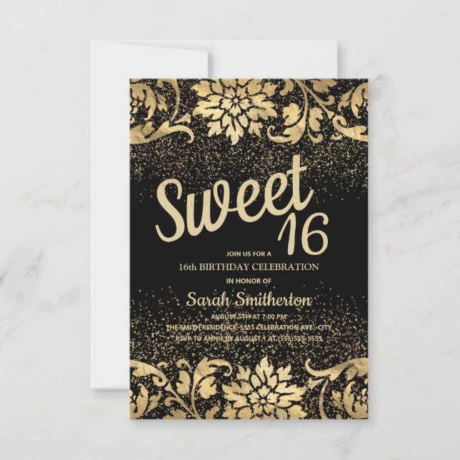 Invitation Elégant Fleur Glitter Or Noir Sweet 16 (Devant)