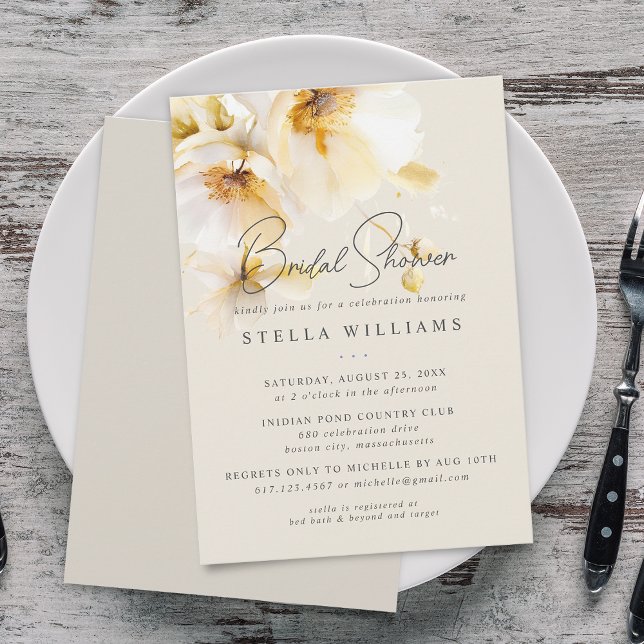 Invitation Élégant Fleur Jaune Or Blanc Mariage Bapteme (Elegant White Yellow Gold Flower Bridal Shower Invitation)