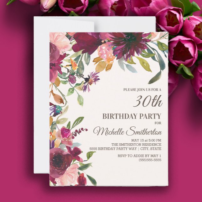 Invitation Elégant Fleur rose violet or 30e Anniversaire (Burgundy and pink watercolor floral 30th birthday party invitation)