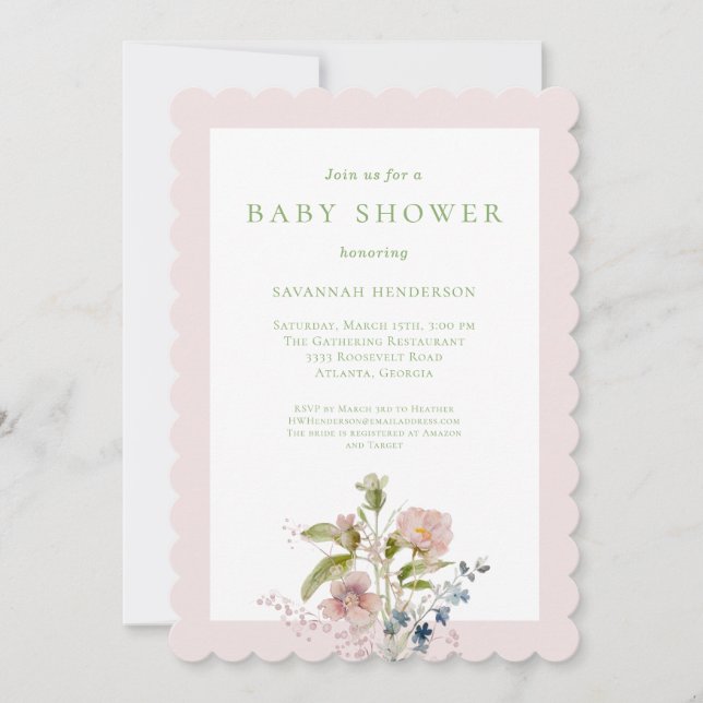 Invitation Elégant Fleur sauvage Aquarelle Baby shower rose (Devant)
