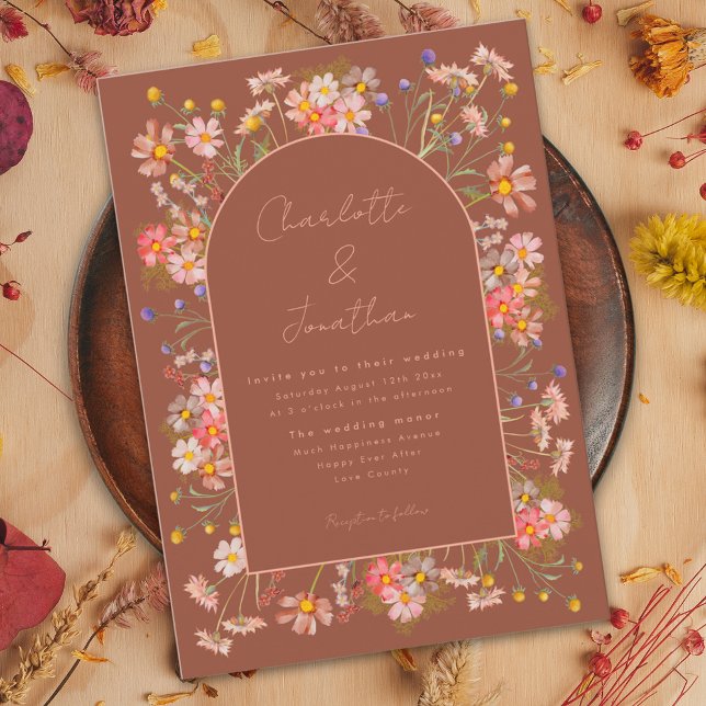 Invitation Élégant Fleur sauvage Arch Burnt Orange Mariage de (Elegant wildflower arch terracotta burnt orange peach fall wedding invitation )