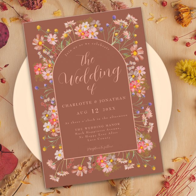 Invitation Élégant Fleur sauvage Arch Burnt Orange Mariage de (Wildflower arch elegant script terracotta burnt orange peach  fall wedding invitation )