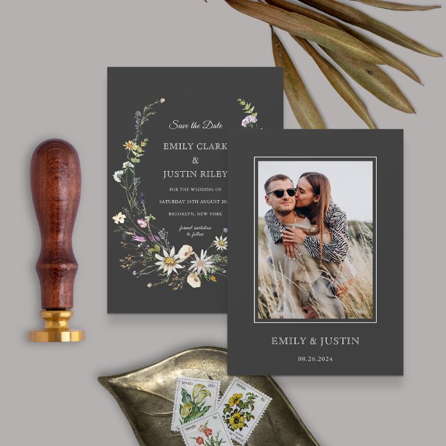 Invitation Élégant Fleur sauvage Black Photo Enregistrer la d (Créateur téléchargé)