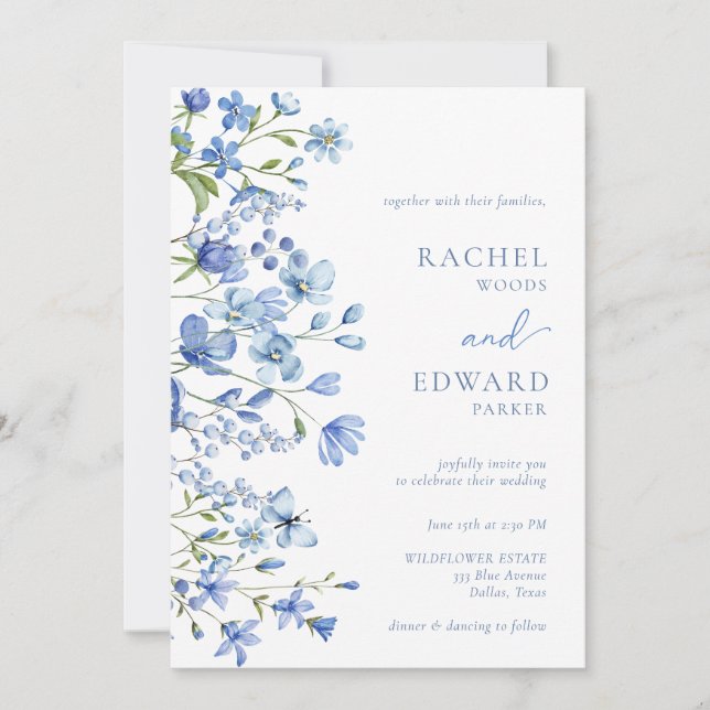 Invitation Elégant Fleur sauvage bleu Dusty Mariage (Devant)