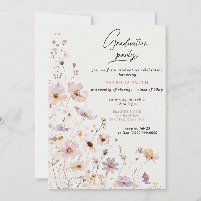 Invitation Élégant Fleur sauvage Blush Graduation Party (Devant)