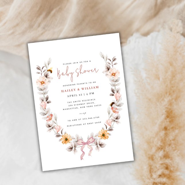 Invitation Elégant Fleur sauvage Boho Baby shower de couronne (Elegant Boho Wildflower Wreath Baby Shower Invitation)