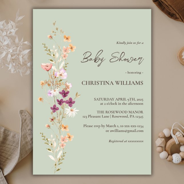 Invitation Elégant Fleur sauvage Boho Sage Baby shower (Créateur téléchargé)