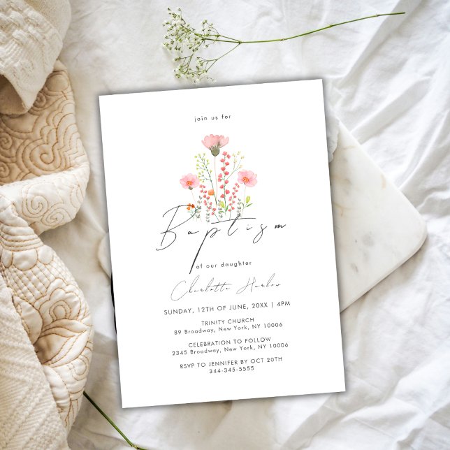 Invitation Élégant Fleur sauvage Calligraphie Florale Baptême (Elegant Wildflower Floral Calligraphy Baptism Invitation)