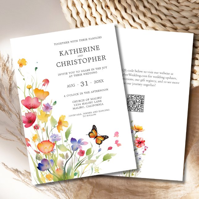 Invitation Élégant Fleur sauvage coloré   papillon Mariage (Elegant Colorful Wildflowers Butterfly Wedding Invitation with Pink, Orange, Yellow, Blue Flowers.)