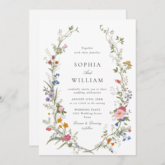 Invitation Elégant Fleur sauvage d'aquarelle Mariage (Devant / Derrière)