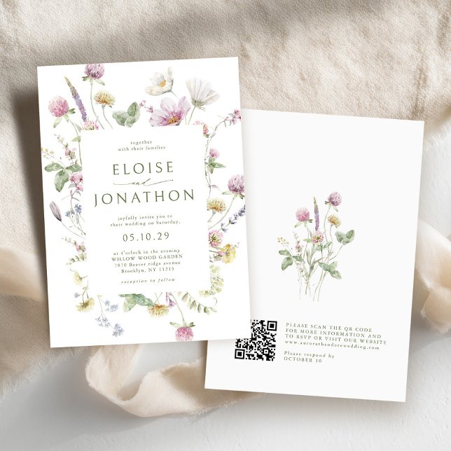 Invitation Élégant Fleur sauvage de code QR Soft Pastel Maria (Elegant Soft Pastel Wildflower QR code Wedding Invitation)