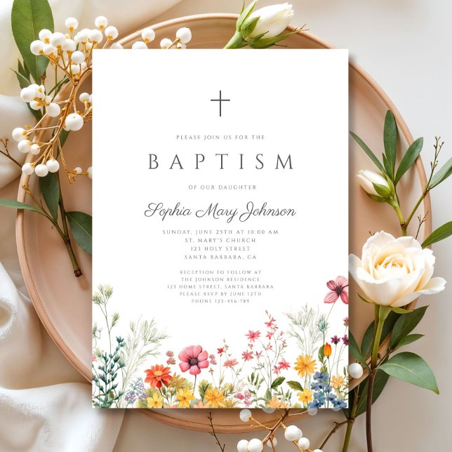 Invitation Élégant Fleur sauvage Floral Cross Girl Baptism (Elegant Wildflower Wreath Cross Girl Baptism Invitation)