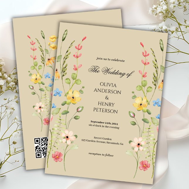 Invitation Élégant Fleur sauvage Floral Neutral QR Code Maria (Créateur téléchargé)