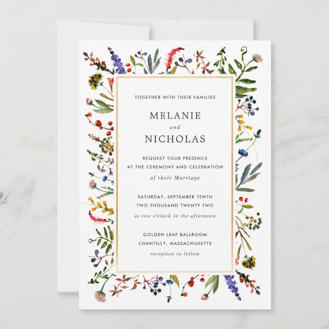 Invitation Élégant Fleur sauvage + Mariage d'or blanc dos (Devant)
