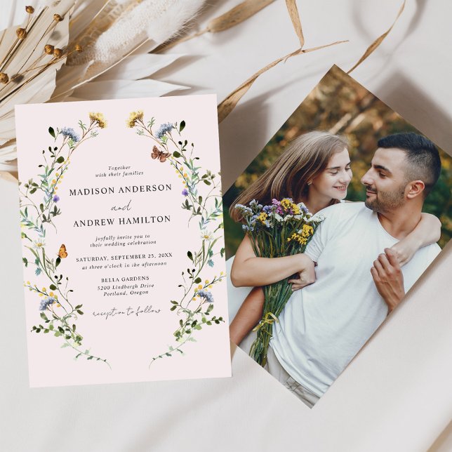 Invitation Élégant Fleur sauvage Meadow Blush Pink Photo Mari (Créateur téléchargé)