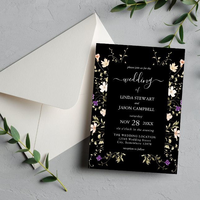 Invitation Élégant Fleur sauvage noir Mariage floral (Créateur téléchargé)