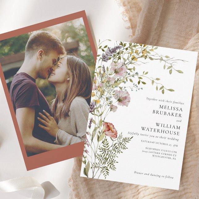 Invitation Élégant Fleur sauvage photo Boho Mariage (Elegant Photo Wildflower Boho Wedding Invitation)