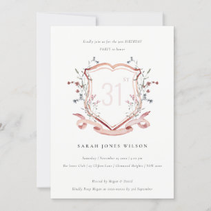 Invitation Elégant Fleur sauvage rose Monogram Crest Annivers