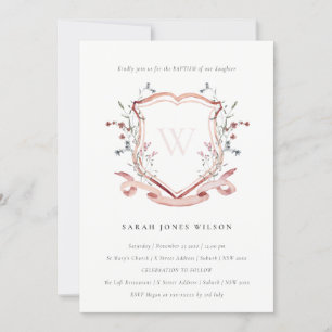 Invitation Élégant Fleur sauvage rose Monogramme Crest Baptêm