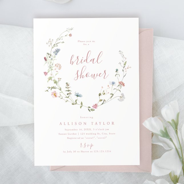 Invitation Elégant Fleur sauvage rose Rustic Boho Fête des ma (Elegant Pink Wildflower Rustic Boho Bridal Shower Invitation)