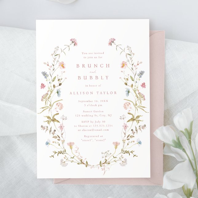 Invitation Elégant Fleur sauvage rose Rustic Boho Fête des ma (Elegant Pink Wildflower Rustic Boho Bridal Shower Invitation)