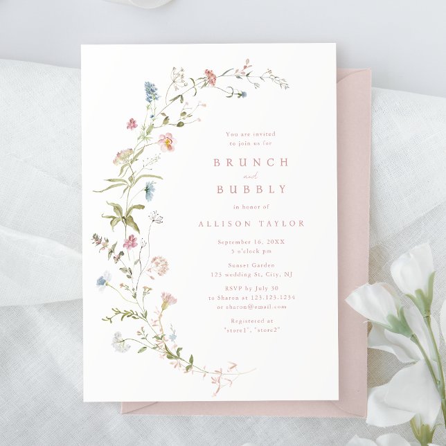 Invitation Elégant Fleur sauvage rose Rustic Boho Fête des ma (Elegant Pink Wildflower Rustic Boho Bridal Shower Invitation)